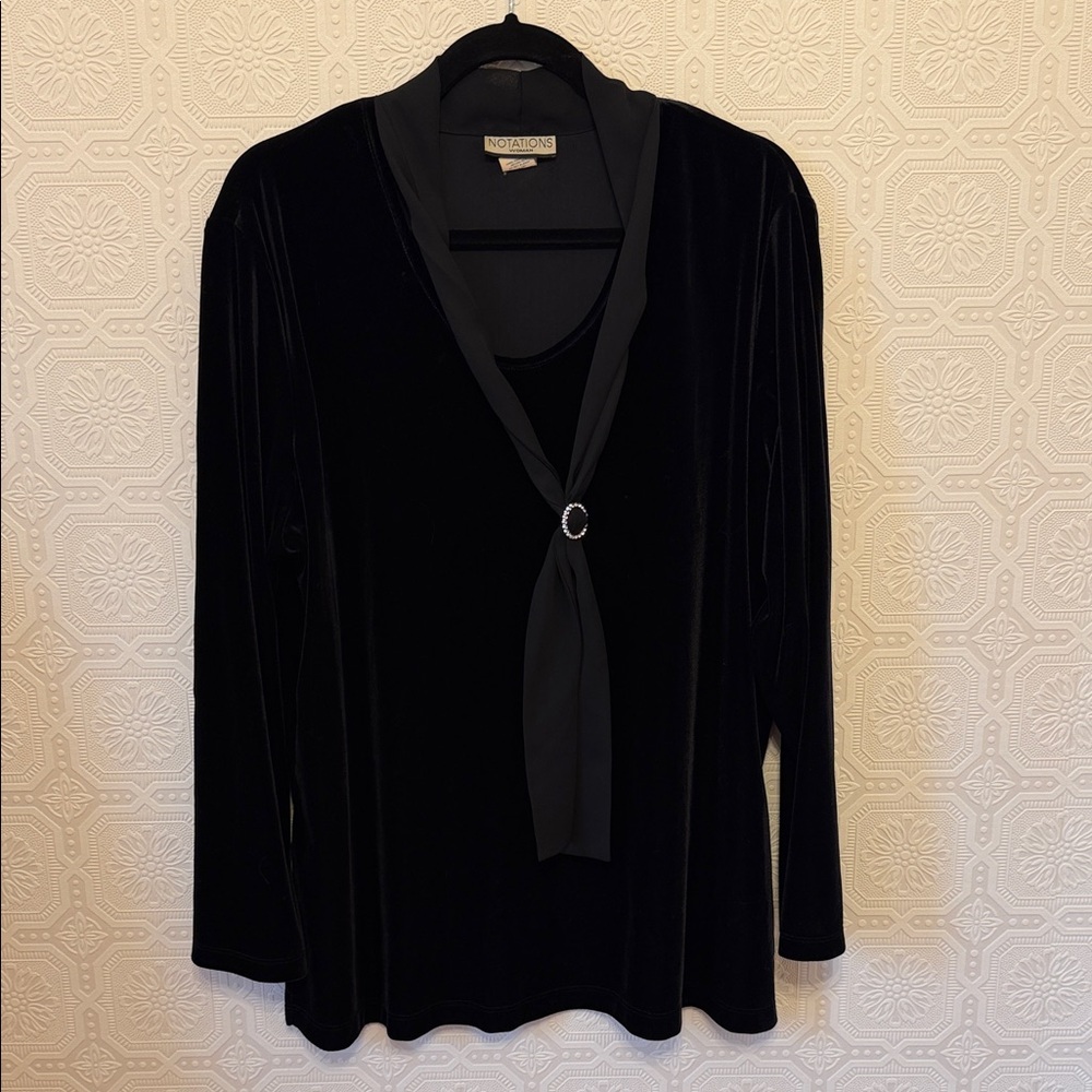 Vintage Notations Black Velvet Long Sleeve Top with Tie & Rhinestone Accent